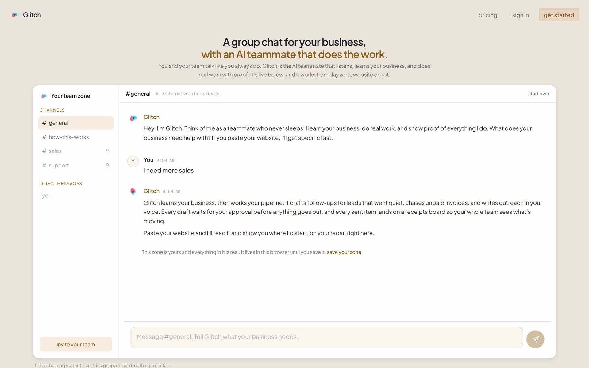 Starter prompts above the chat box, with the message I need more sales typed in