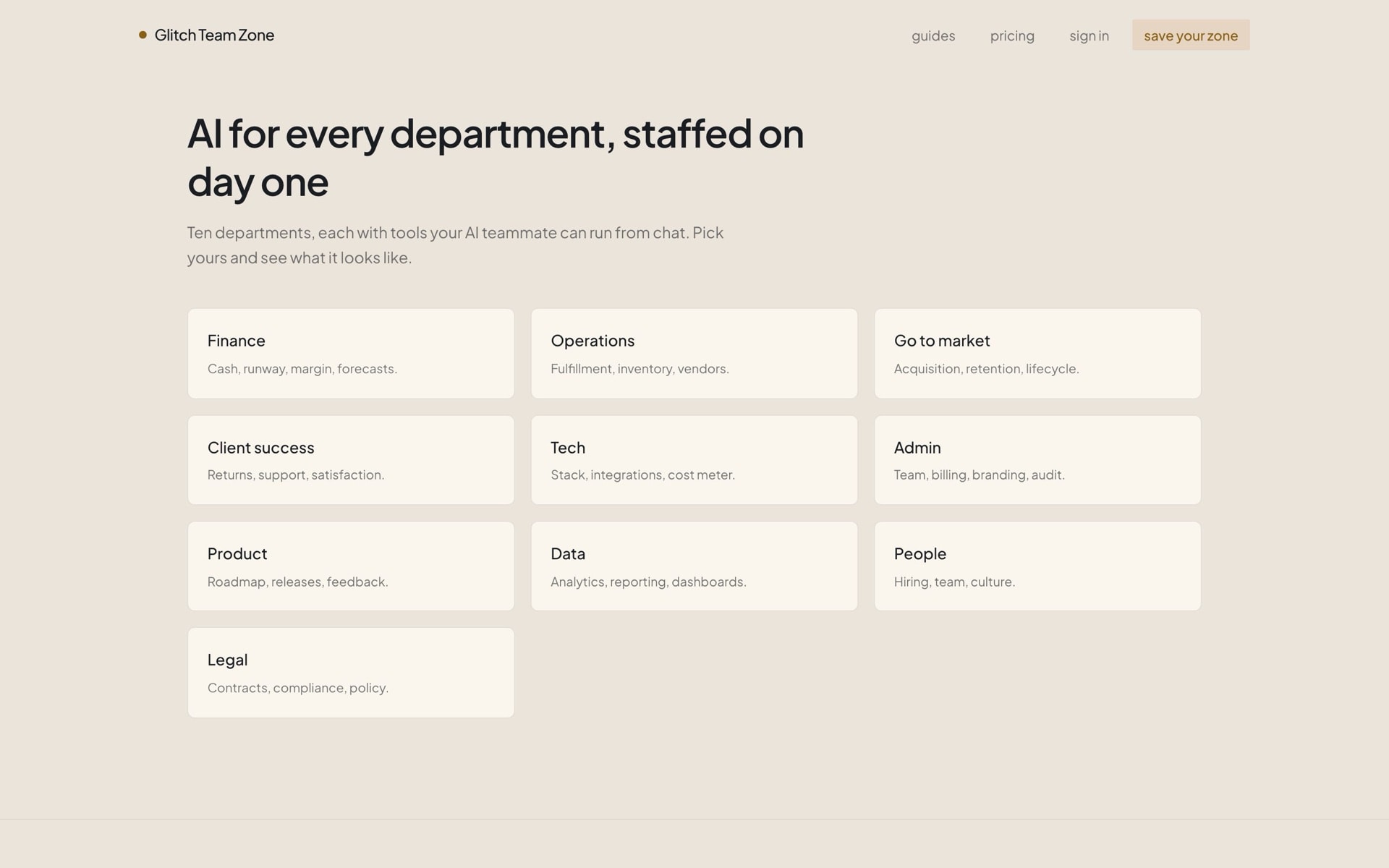 The solutions page listing ten departments from finance to legal
