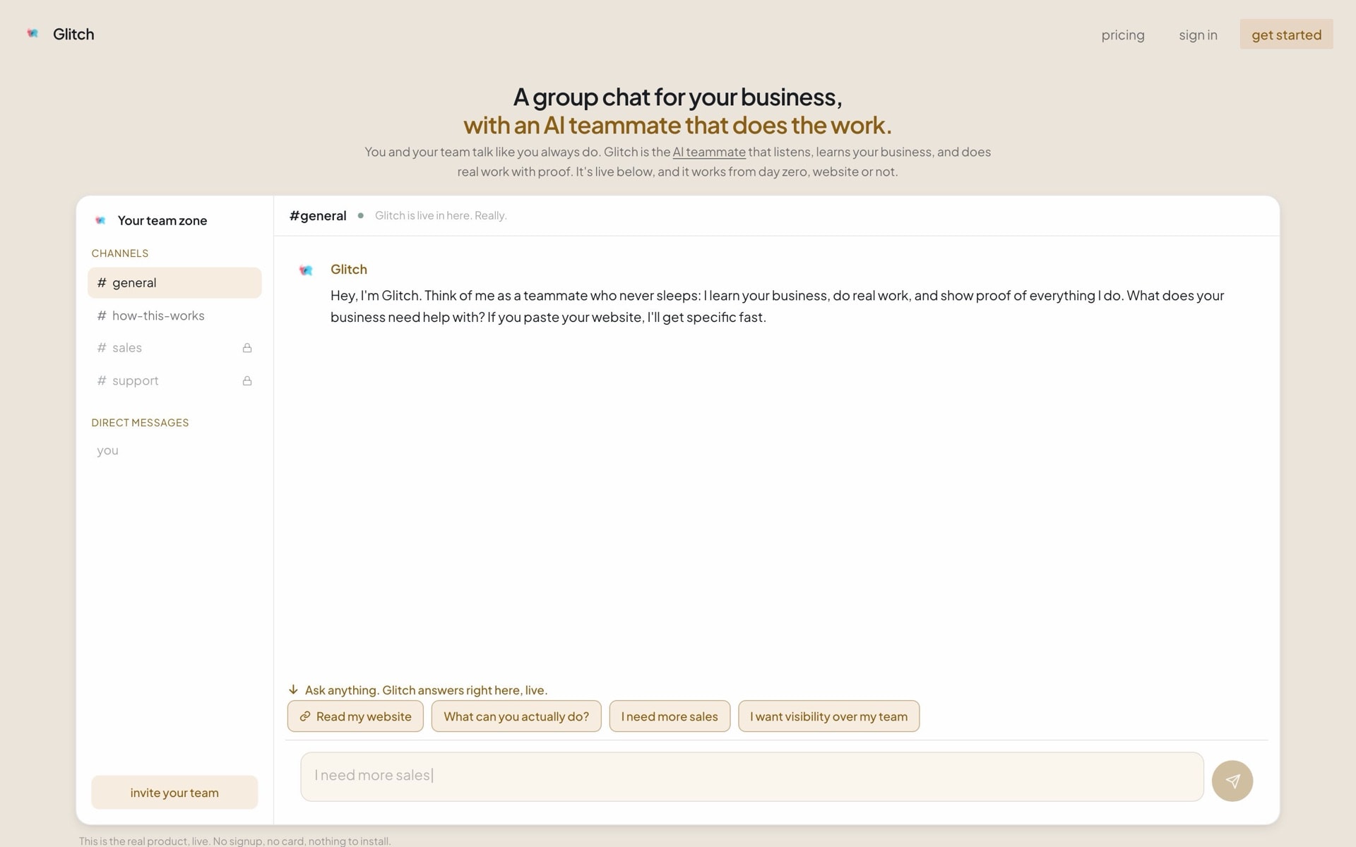 The Glitch Team Zone landing page with the live team chat and Glitch's greeting