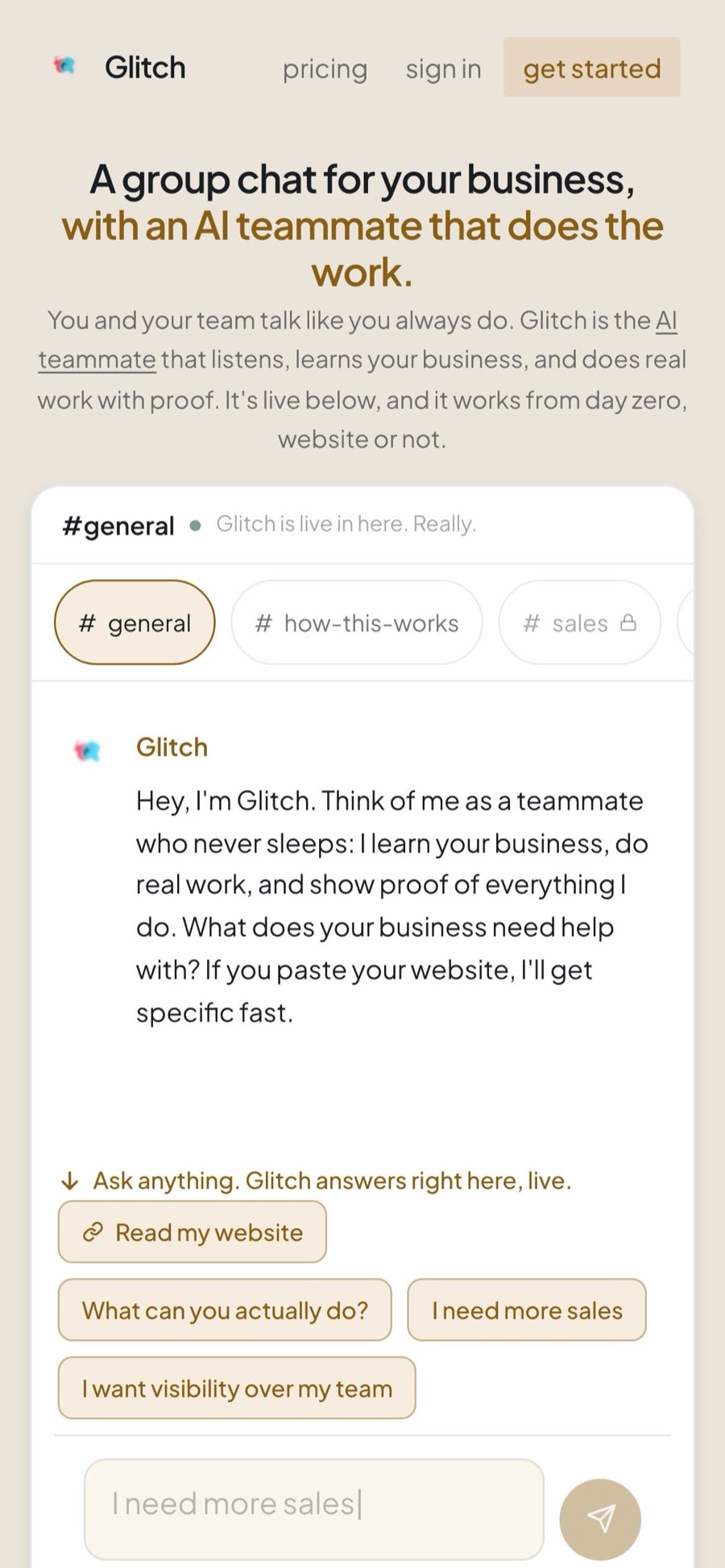 The landing page chat on a phone screen