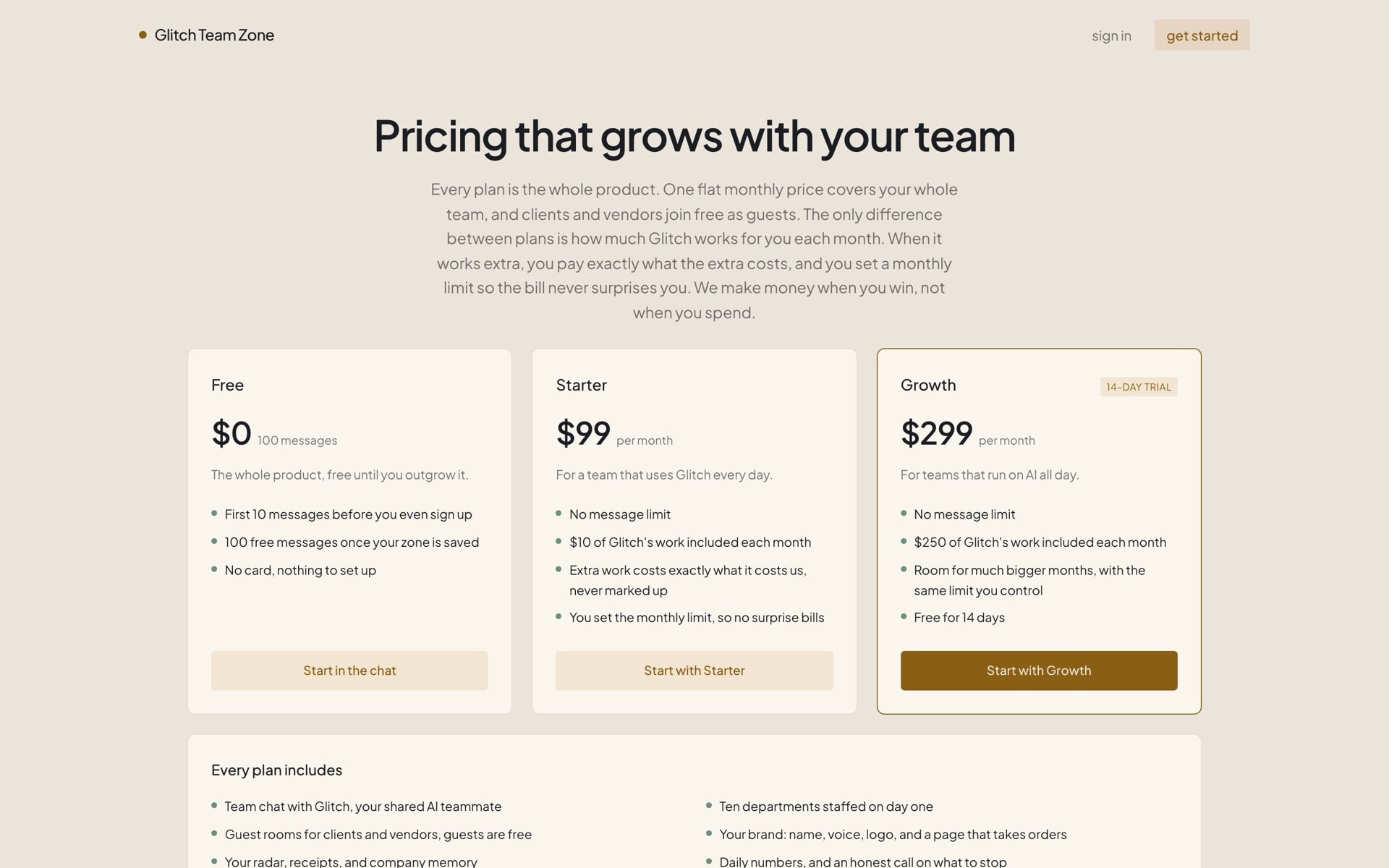 The pricing page with Free, Starter, and Growth plans