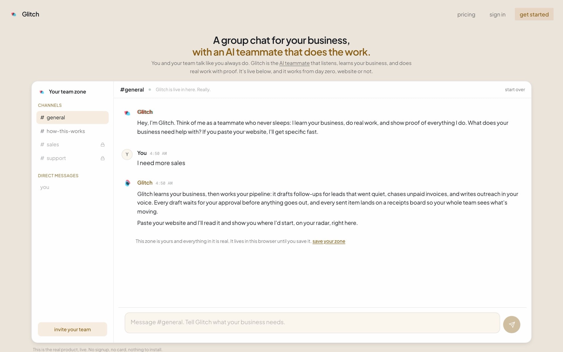 Glitch's reply describing how it works a sales pipeline with drafts that wait for approval