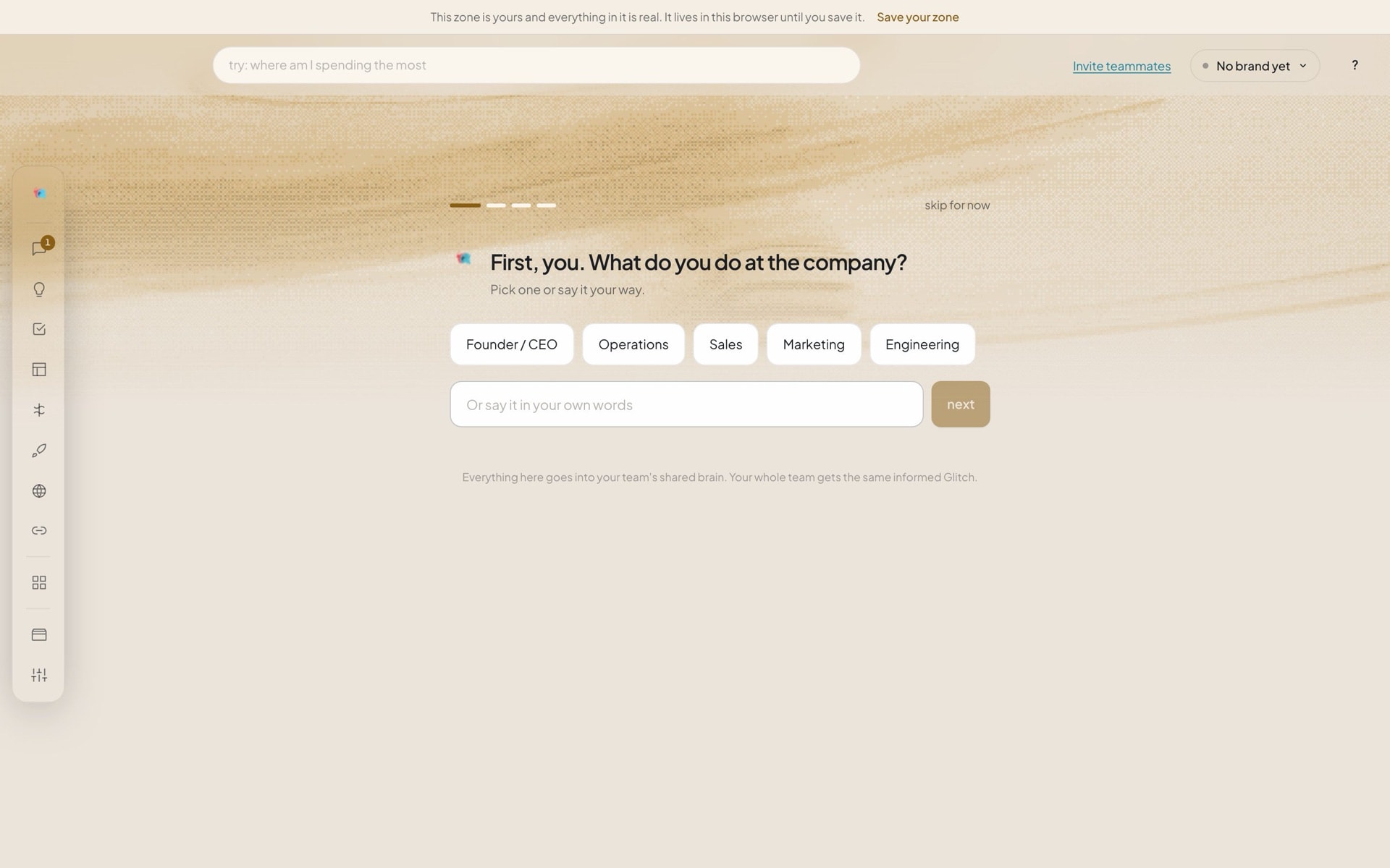 The workspace onboarding asking what you do at the company, with the AI search bar on top